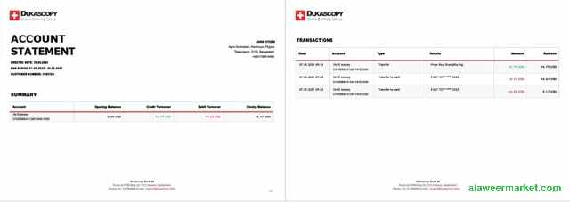 Switzerland Dukascopy Bank account statement Word and PDF template, 2 pages